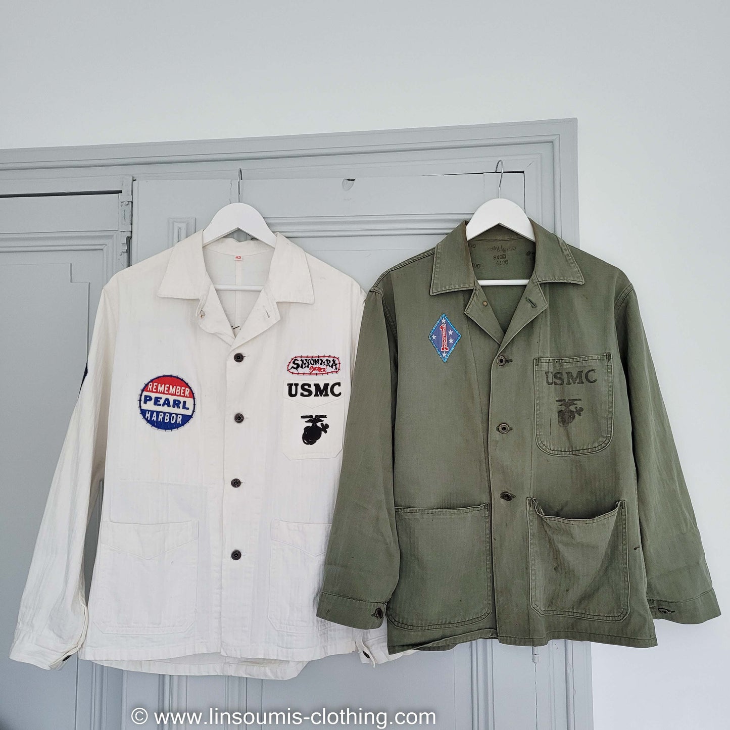 Workwear 40's  white HBT P41 jacket souvenir / Veste P41 blanche HBT upcyclée USMC