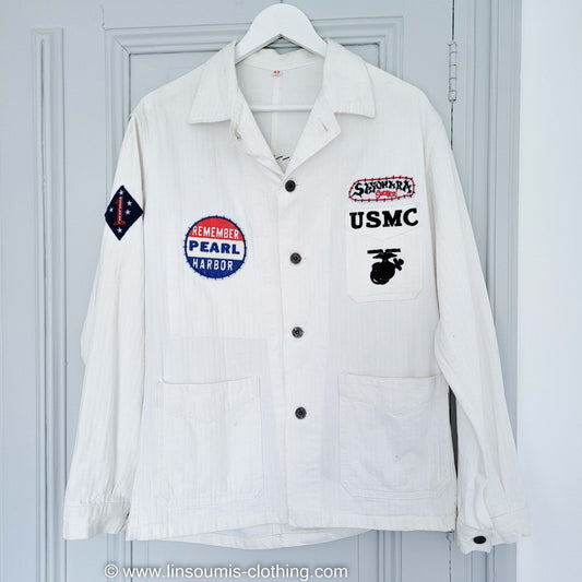Workwear 40's  white HBT P41 jacket souvenir / Veste P41 blanche HBT upcyclée USMC