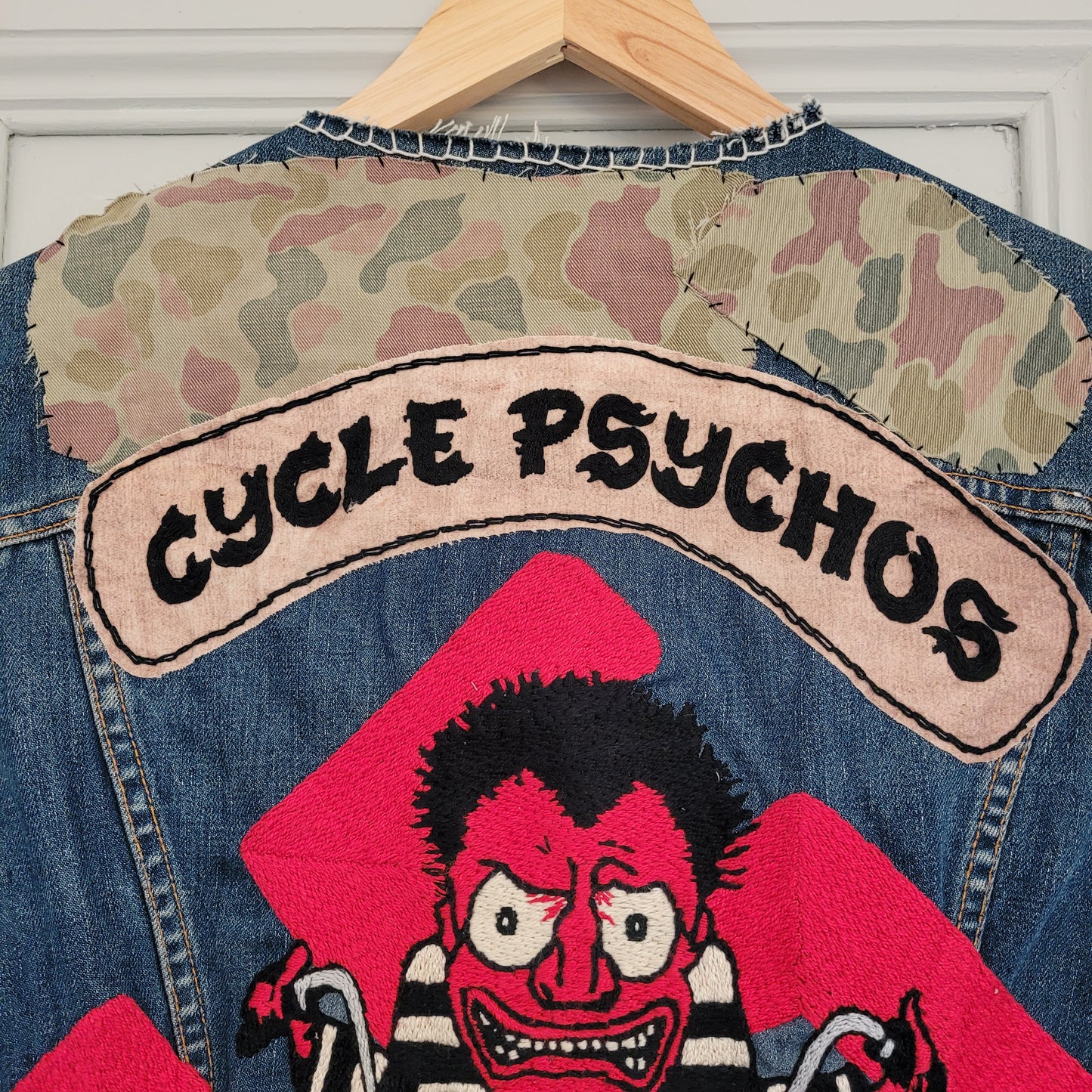 "Cycle psychos" chainstitched by hand Levi's Jacket/ Veste levis vintage brodée main et patchée