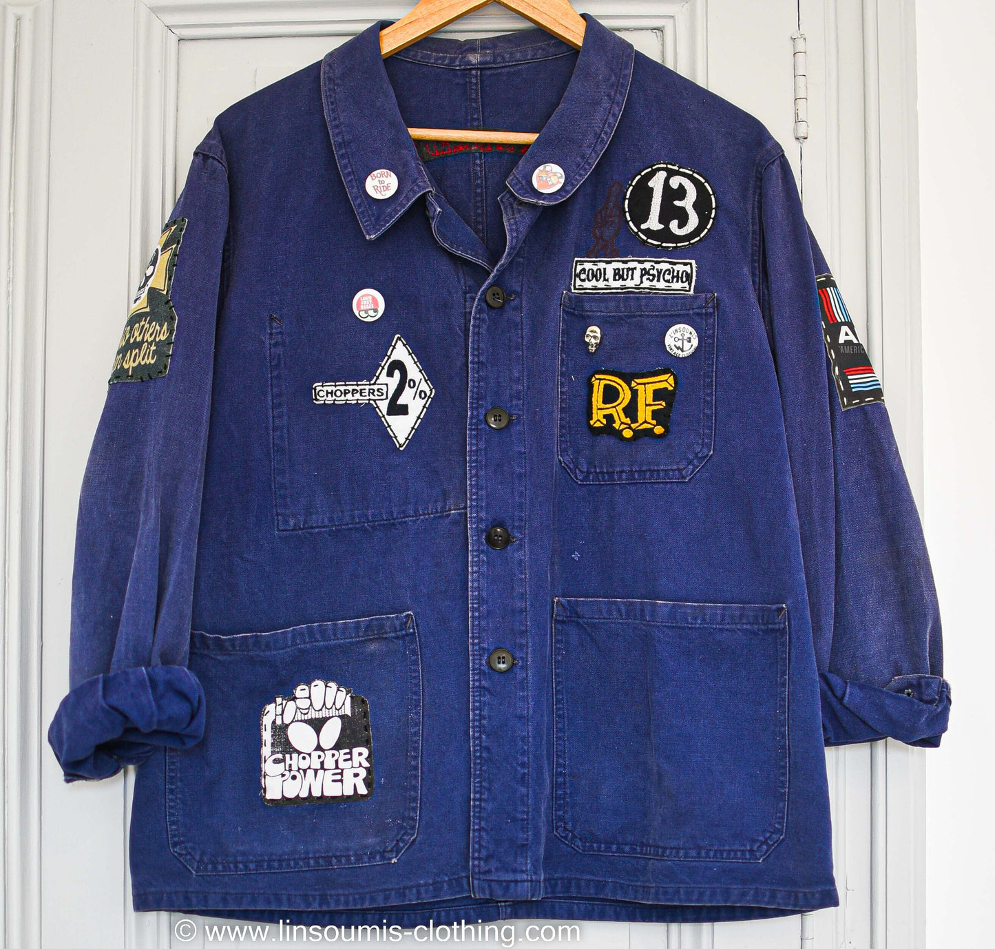 Vintage 50's handembroided jacket Evil is live spelled backwards/ veste ouvrière brodée main