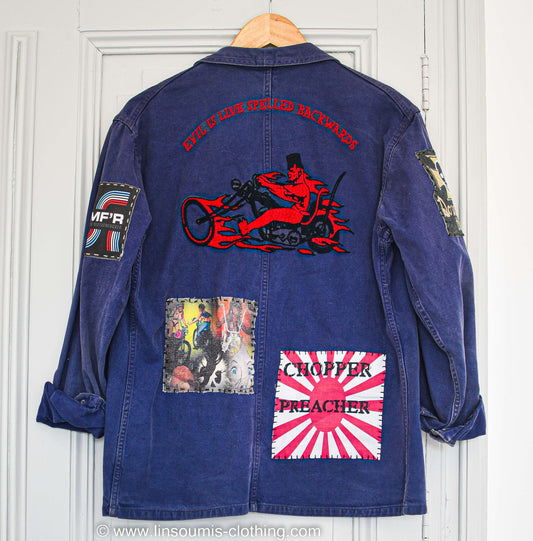 Vintage 50's handembroided jacket Evil is live spelled backwards/ veste ouvrière brodée main
