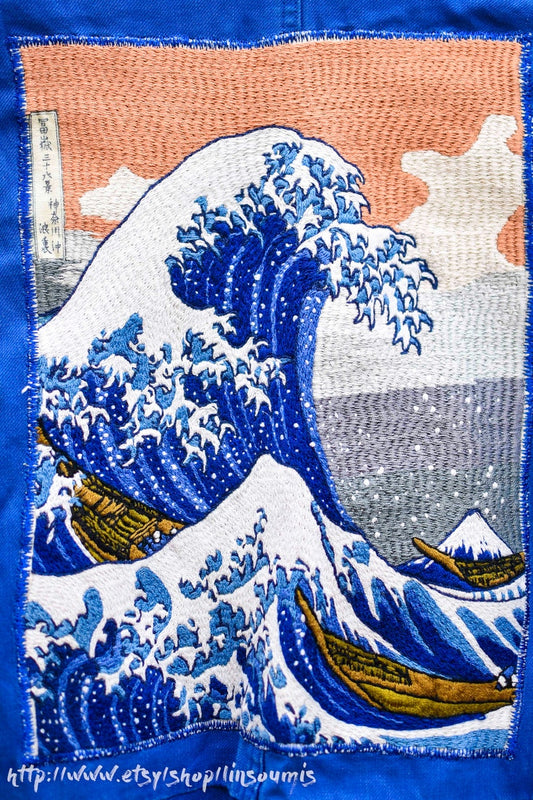 French 60s hand embroidered oversized coverall Hokusai the big Wave of Kanagawa/ Combinaison patinée brodée point de chaînette de la Vague d'HOKUSAI