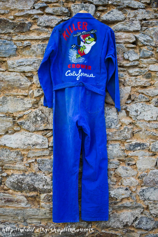 Vintage french workwear 60s painted coverall Killer Crower California/ combinaison travail peinte main