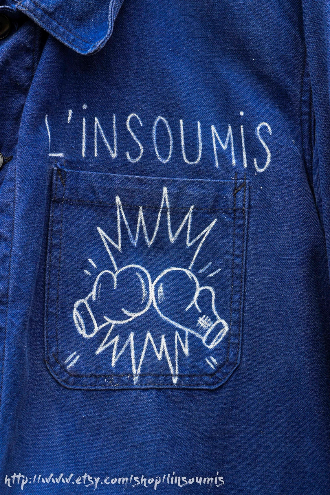 French workwear jacket painted by hand/ veste de travail bleue indigo peint main logo coq insoumis